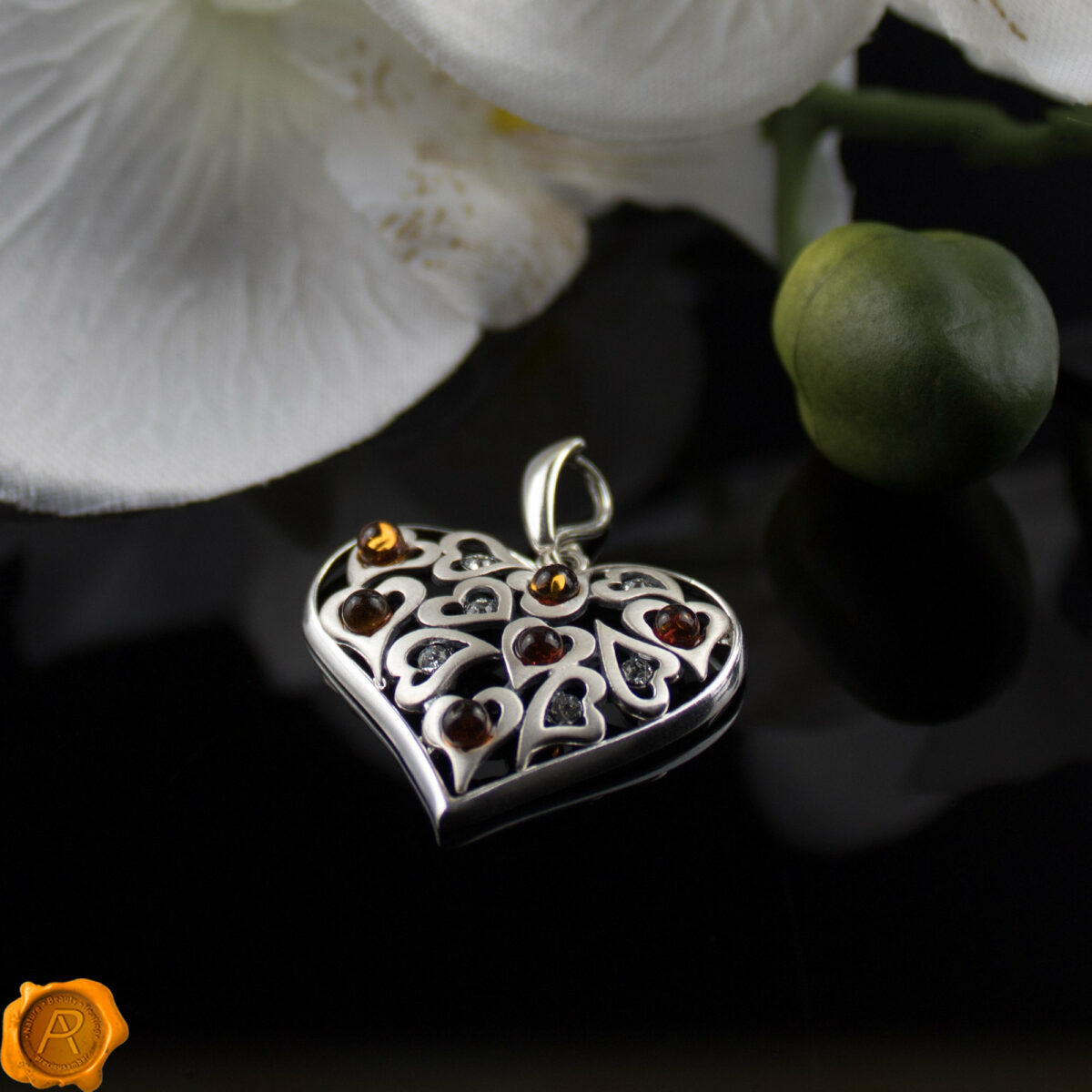 Large Silver Heart Amber Pendant Amber Silver Heart - Image 2