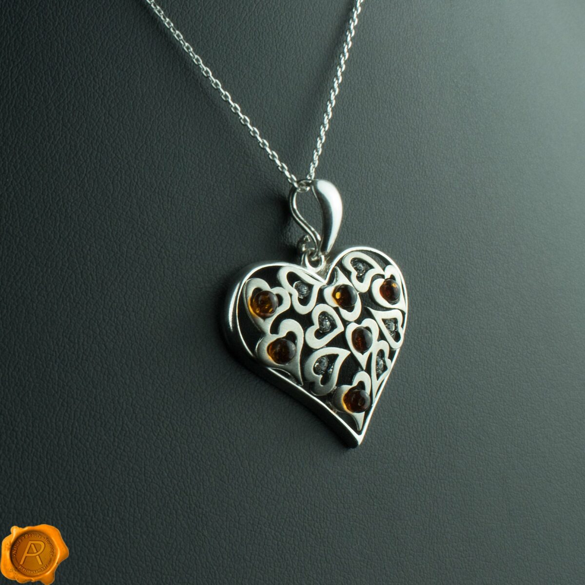 Large Silver Heart Amber Pendant Amber Silver Heart - Image 1