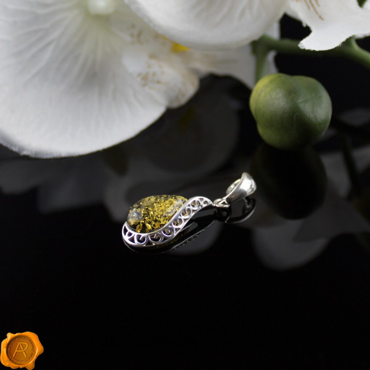 Green Amber Teardrop Pendant - Image 2