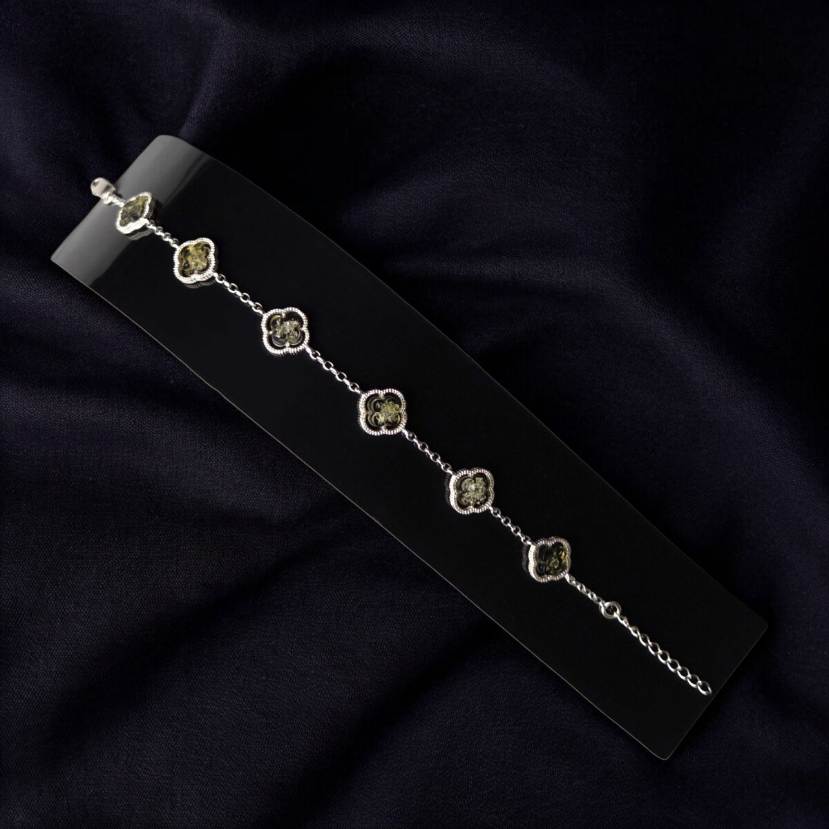 Celtic Green Four Leaf Clover Bracelet Baltic Amber Silver Link Bracelets | Lucky Charm Adjustable Gift for Her | Irish Inspired Jewellery