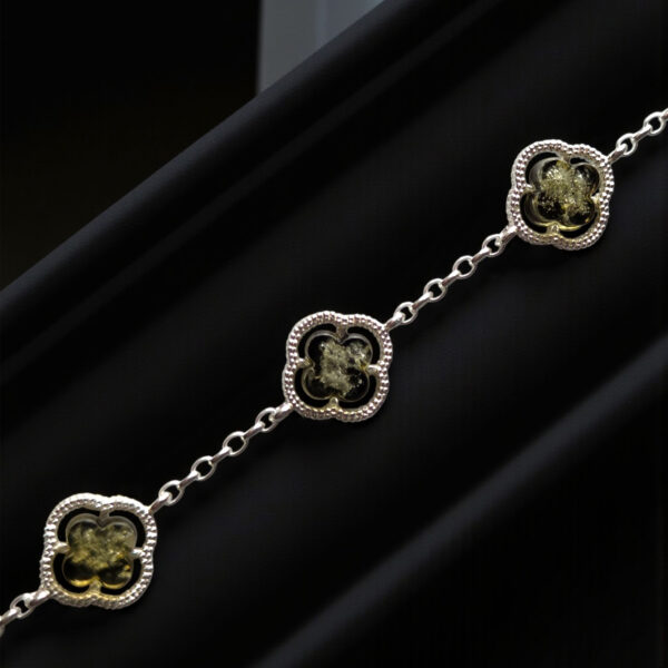 Celtic Green Four Leaf Clover Bracelet Baltic Amber Silver Link Bracelets | Lucky Charm Adjustable Gift for Her | Irish Inspired Jewellery