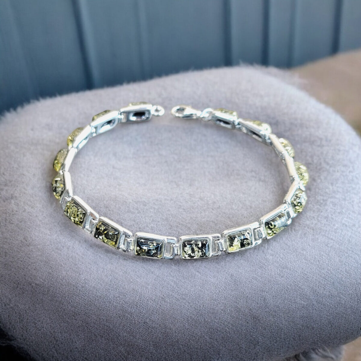 ADJUSTABLE UNISEX Green Baltic Amber Sterling Silver Gemstone Bracelet Dainty Jewelry Gift Men Women Boyfriend Small Link Crystal Bracelets