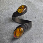 Large Baltic Amber Leather Cuff Wrap Bracelet Gift Women, Adjustable Amber Black Leather Chunky Gemstone Snake Jewelry Bracelets