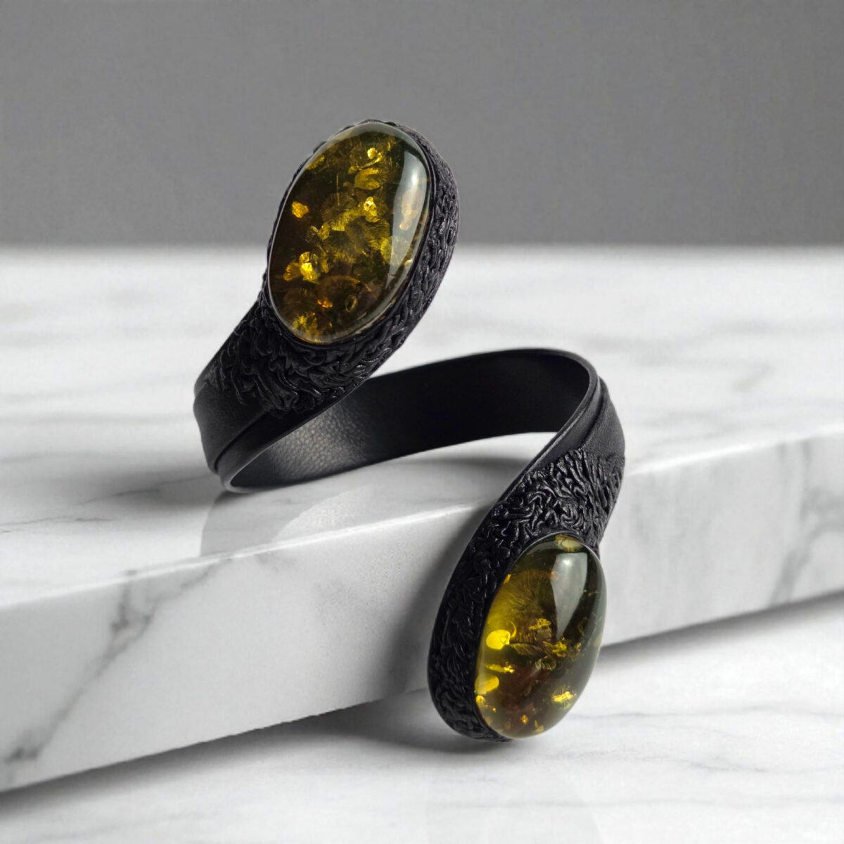 Large Green Baltic Amber Leather Cuff Wrap Bracelet Gift Women, Adjustable Black Leather Chunky Green Gemstone Snake Jewelry