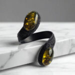 Large Green Baltic Amber Leather Cuff Wrap Bracelet Gift Women, Adjustable Black Leather Chunky Green Gemstone Snake Jewelry