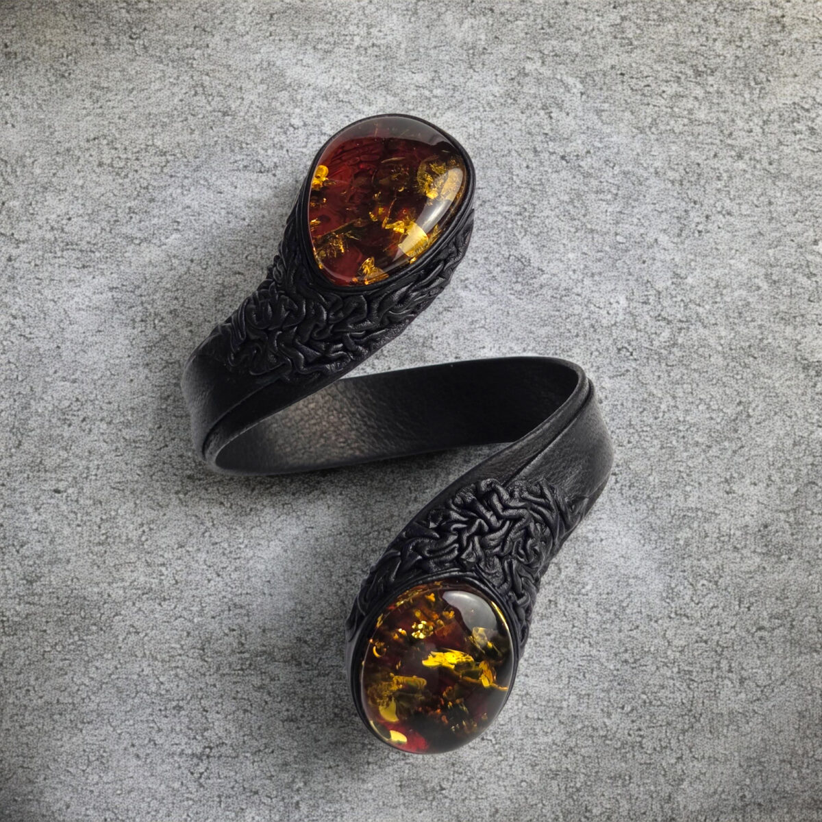 Large Green Red Baltic Amber Leather Cuff Wrap Bracelet Gift Women, Adjustable Black Leather Chunky Cherry Gemstone Snake Jewelry