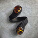 Large Green Red Baltic Amber Leather Cuff Wrap Bracelet Gift Women, Adjustable Black Leather Chunky Cherry Gemstone Snake Jewelry