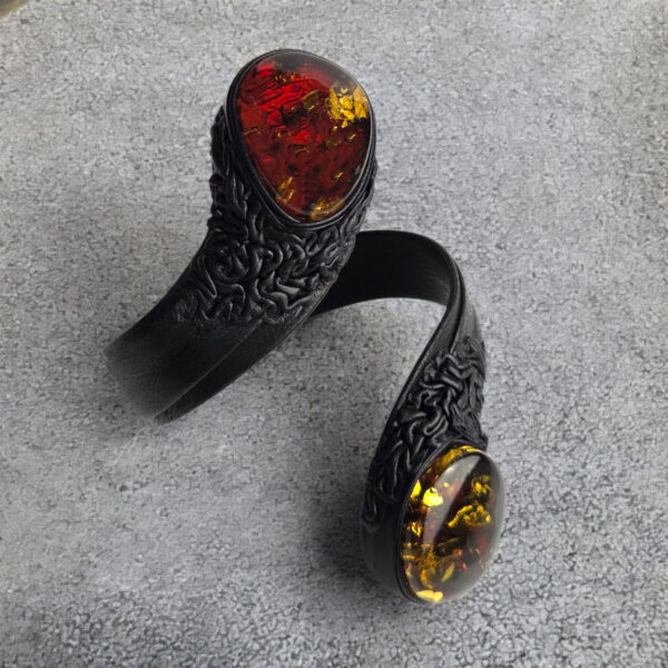 Large Green Red Baltic Amber Leather Cuff Wrap Bracelet Gift Women, Adjustable Black Leather Chunky Cherry Gemstone Snake Jewelry