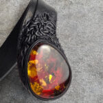 Large Green Red Baltic Amber Leather Cuff Wrap Bracelet Gift Women, Adjustable Black Leather Chunky Cherry Gemstone Snake Jewelry