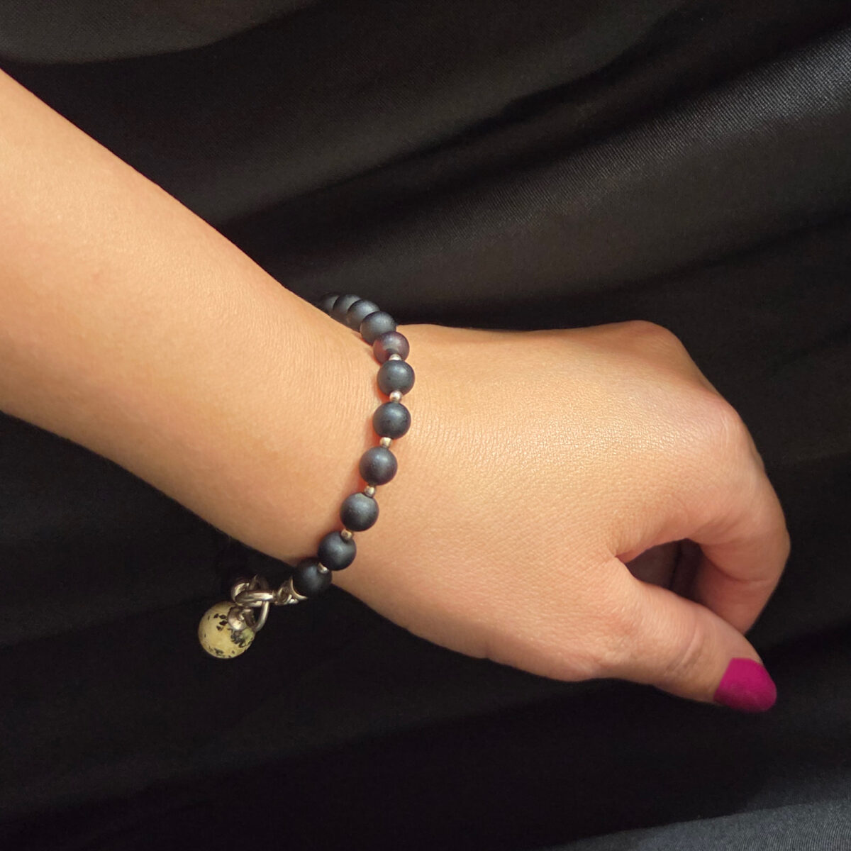 Minimalist-Black-Cherry-Baltic-Amber-Bracelet-Silver-Round-Small-Dainty-Beads-Stack-Bracelets-Her-Women-Wife-Girlfriend Minimalist Black Amber Silver Bracelet - Image 2