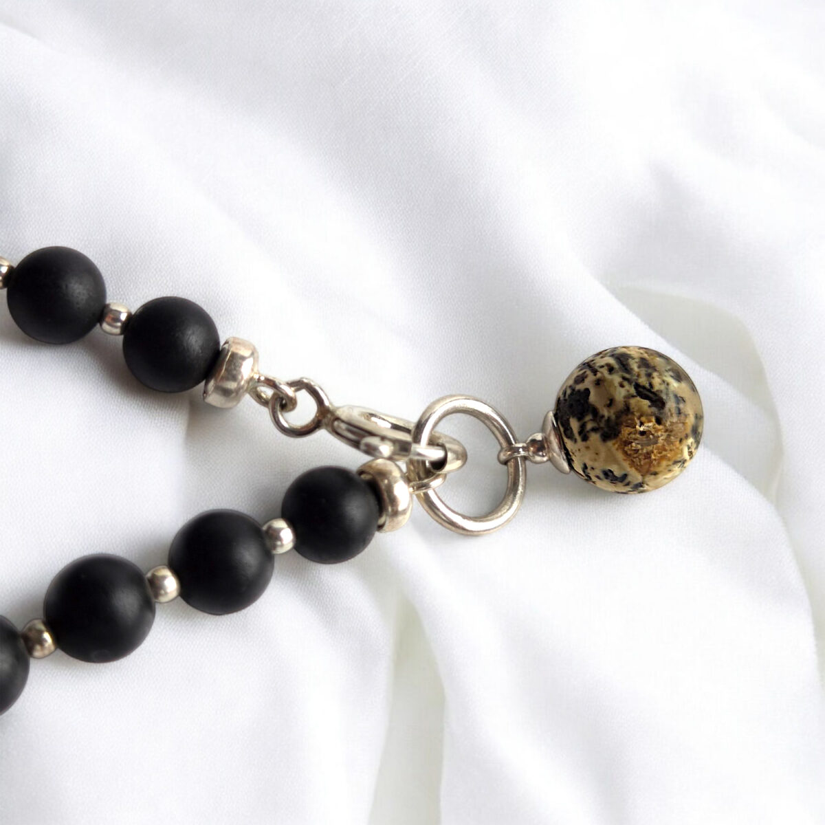 Minimalist-Small-Black-Baltic-Amber-Bracelet-Silver-Round-Dainty-Beads-Stack-Bracelets-Women-Wife-Girlfriend Minimalist Black Amber Silver Bracelet - Image 4