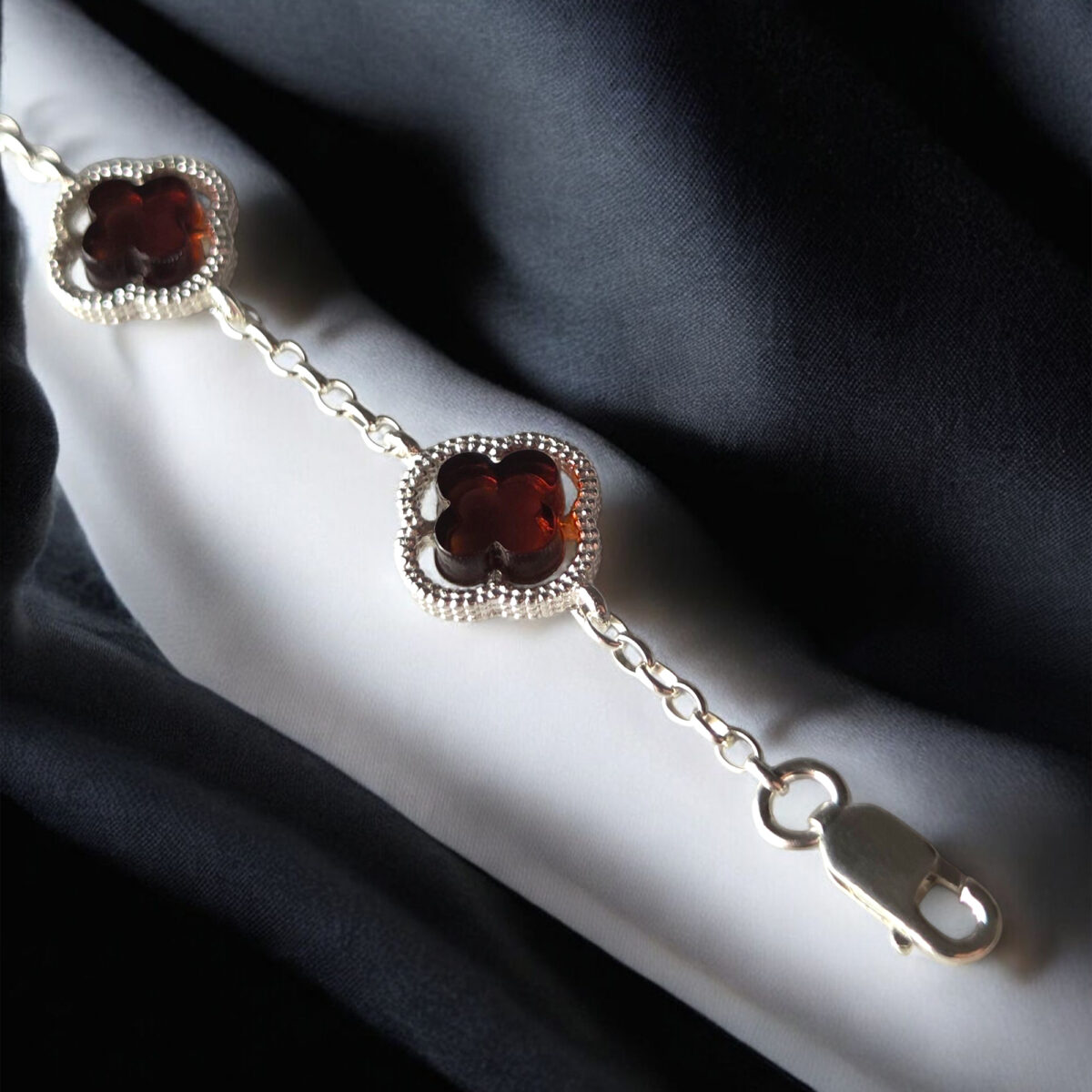 Red-Cherry-Four-Leaf-Charm-Clover-Silver-Link-Bracelet-Baltic-Amber-Gemstone-Crystal-Luck-Dainty-Irish-Jewellery-Women Four Leaf Clover Bracelet Cherry Red Baltic Amber Silver Link Bracelets Lucky Charm Dainty Adjustable Irish Gift Jewellery for Her