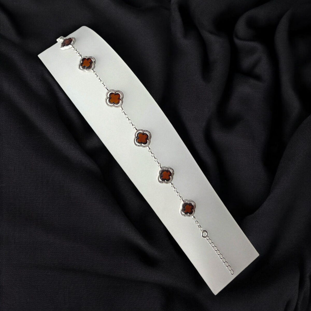 Red-Cherry-Four-Leaf-Clover-Silver-Link-Bracelet-Baltic-Amber-Gemstone-Crystal-Luck-Dainty-Irish-Jewellery-Women Four Leaf Clover Cherry Amber Silver Bracelet - Image 5