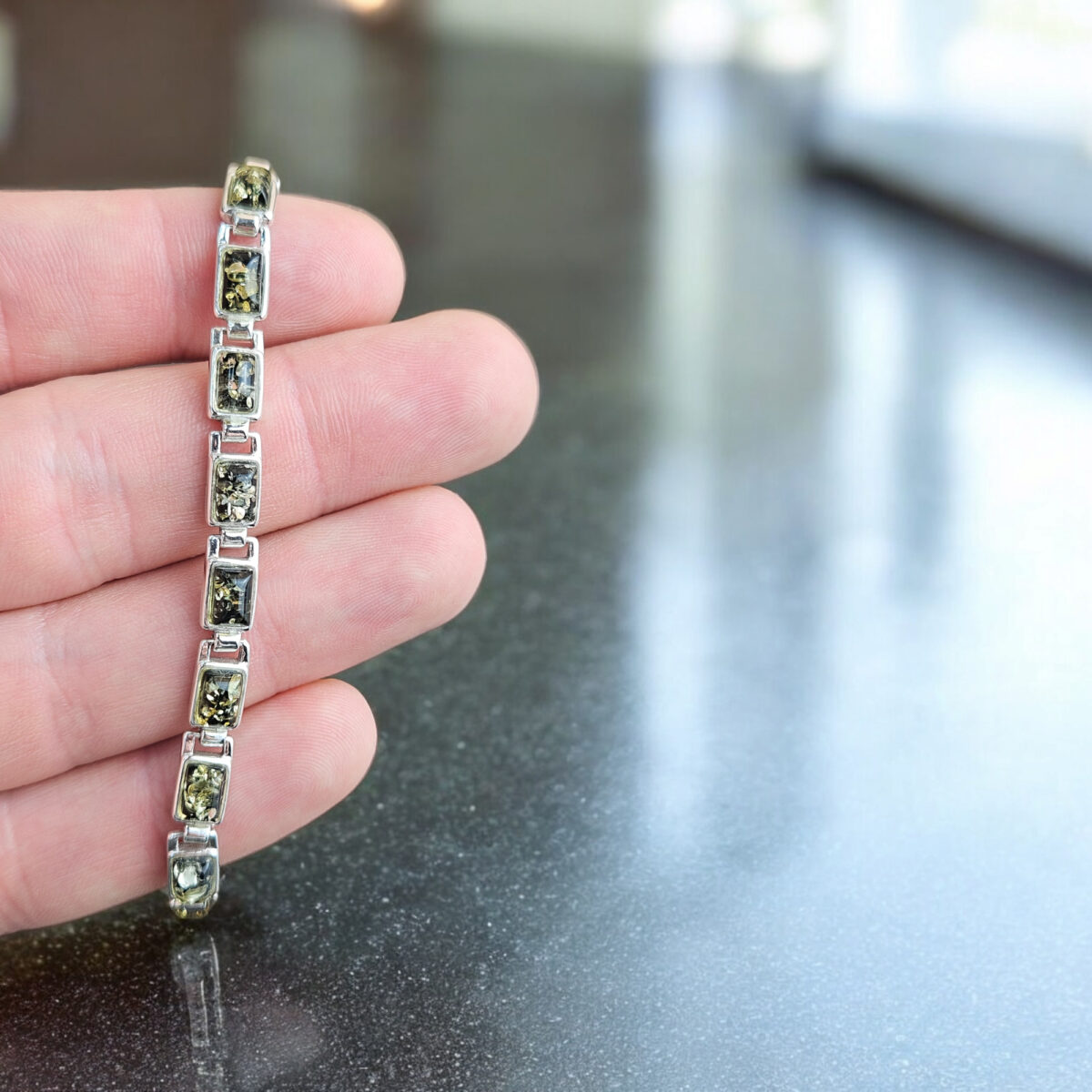 Green Amber Silver Link Bracelet - Image 2