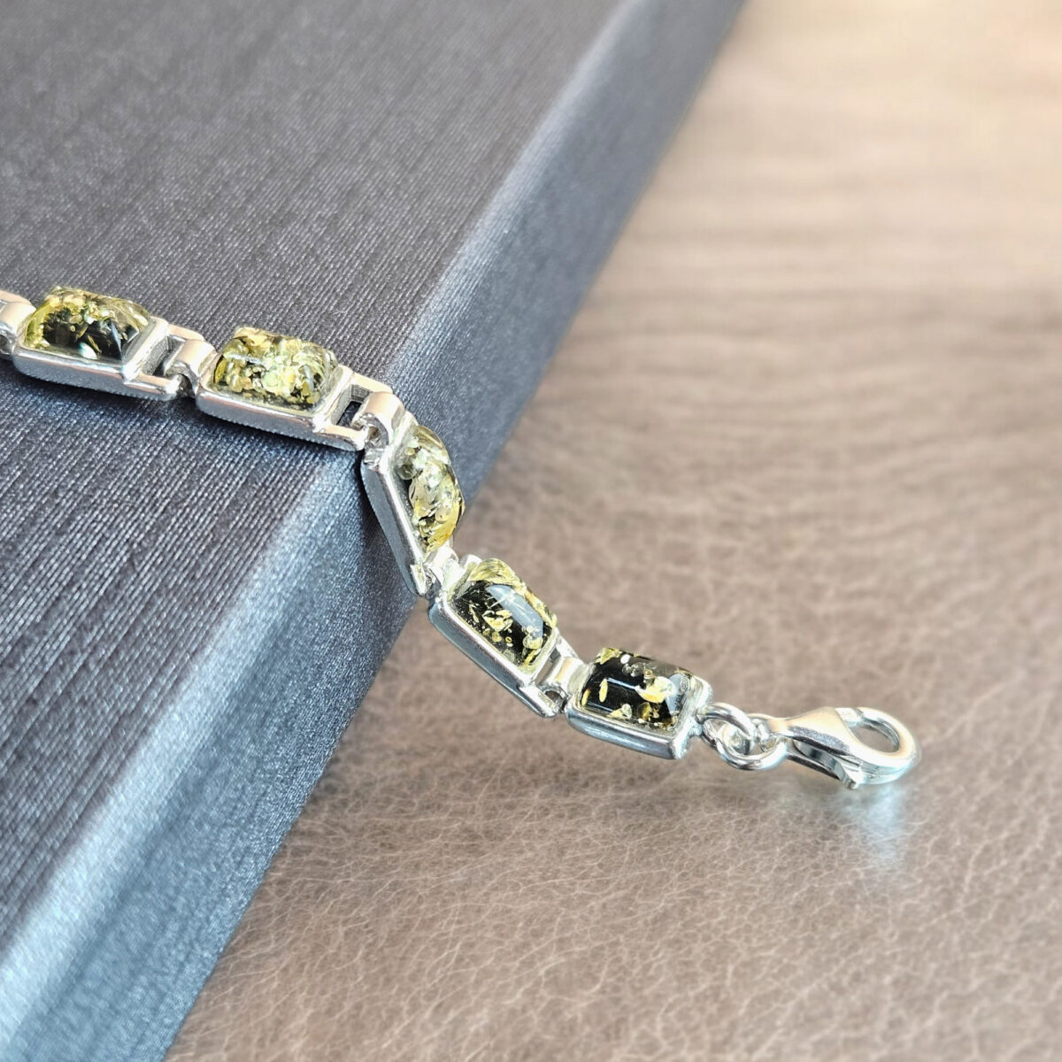 Green Amber Silver Link Bracelet - Image 5