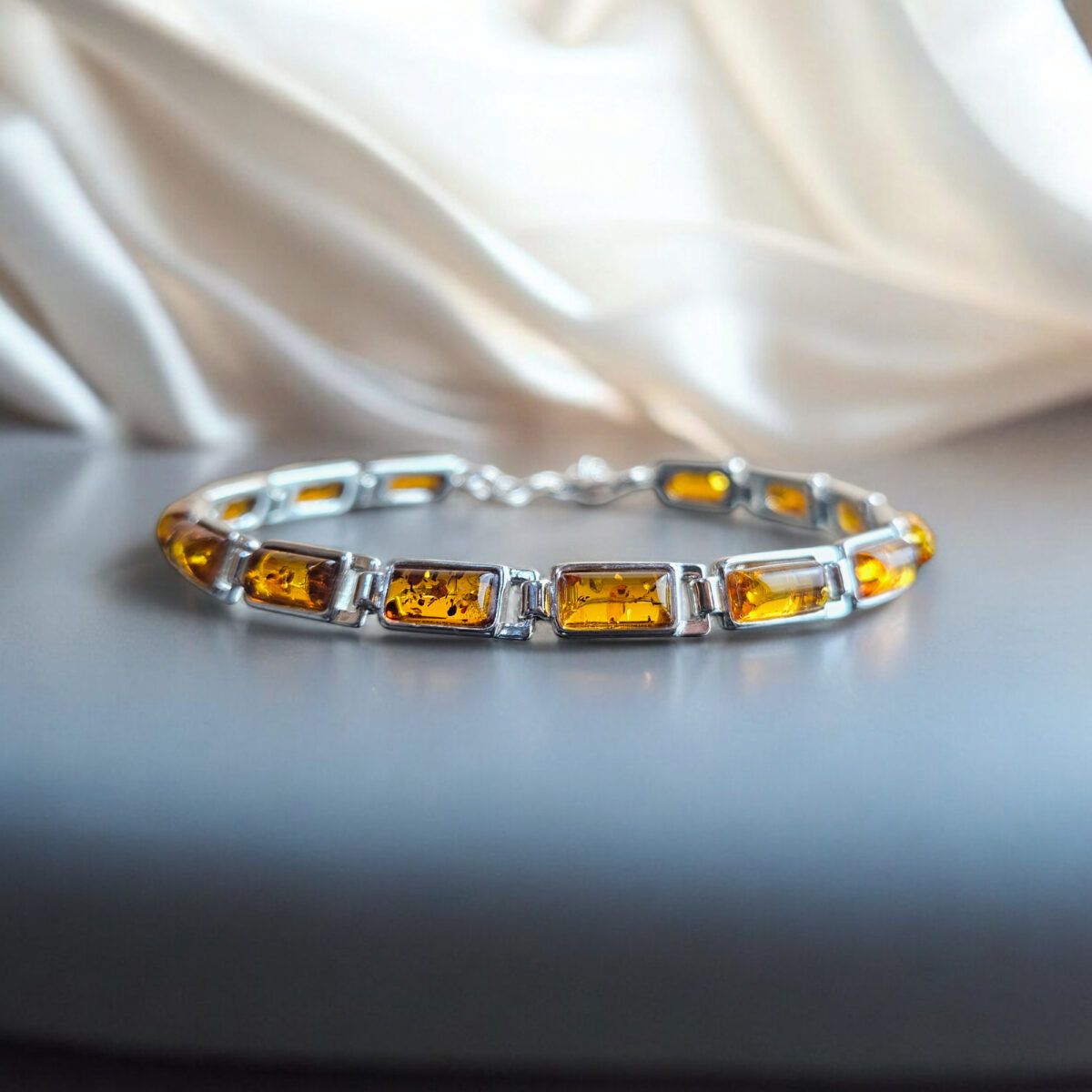 UNISEX ADJUSTABLE Natural Baltic Amber Sterling Silver Link Bracelet Men Women, Small Gemstone Crystal Dainty Bracelets Gift for Boyfriend