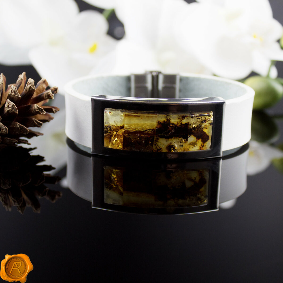 White Leather Amber Bracelet - Image 3