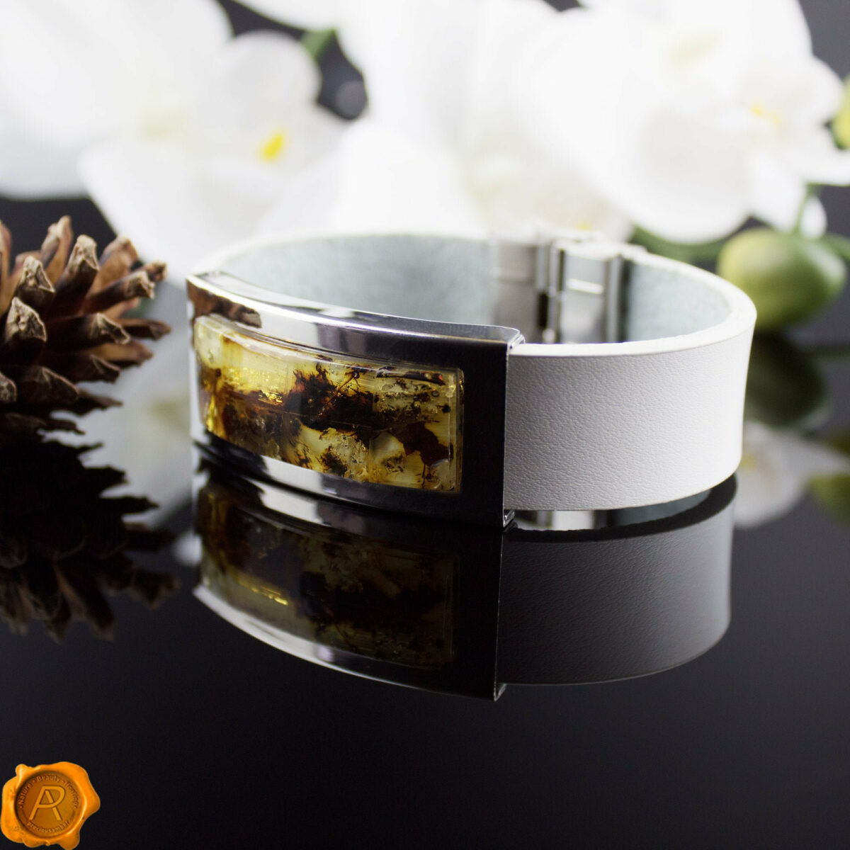 White Leather Amber Bracelet - Image 2