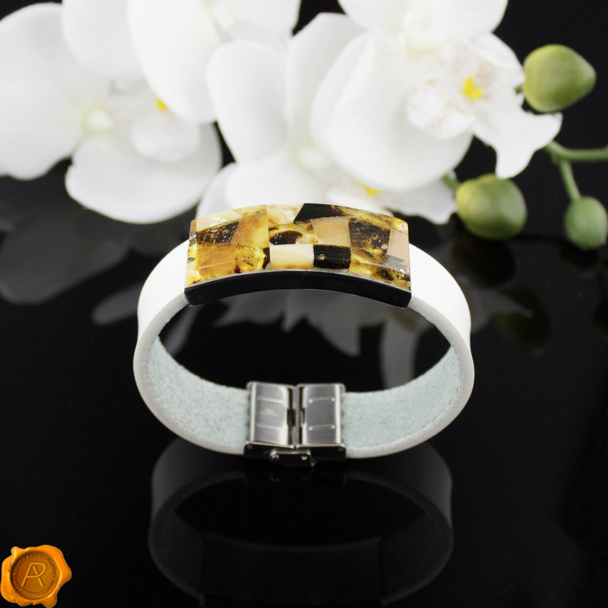 White Leather Amber Bracelet - Image 2