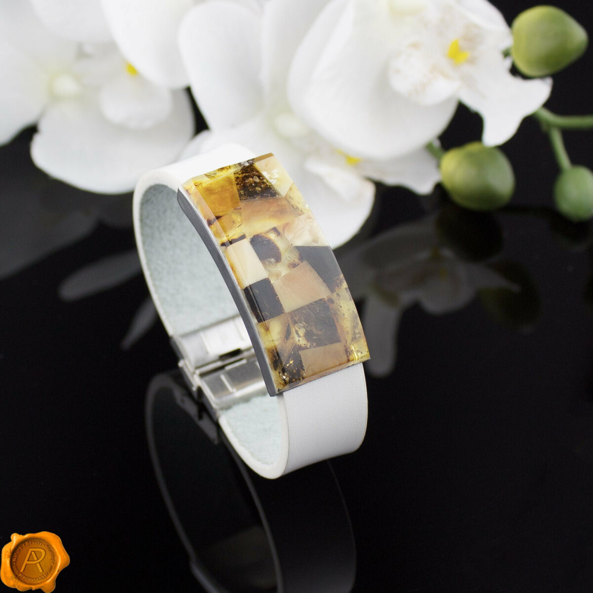 White Leather Amber Bracelet White Leather Amber Bracelet - Image 1