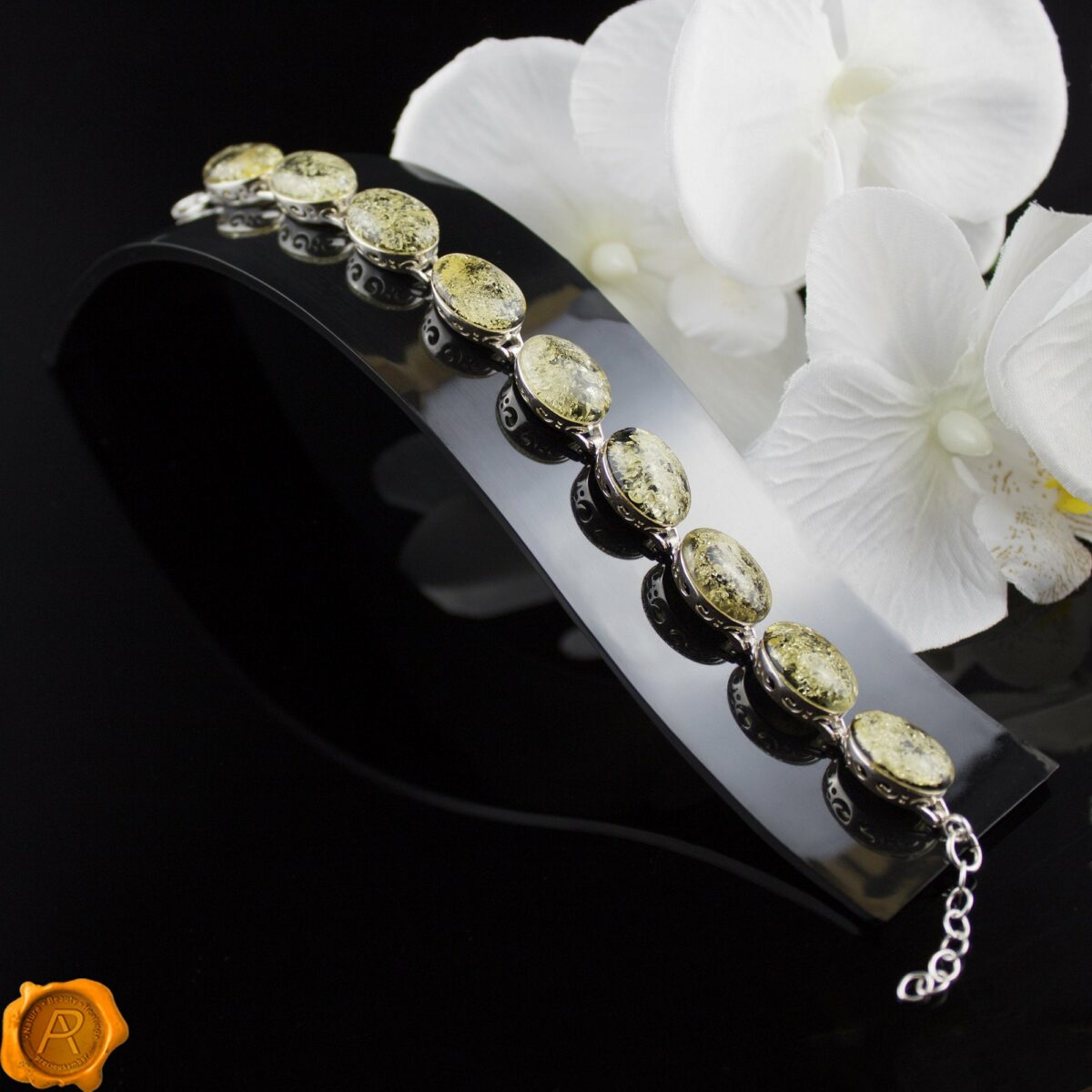 Green Amber Silver Bracelet - Image 3