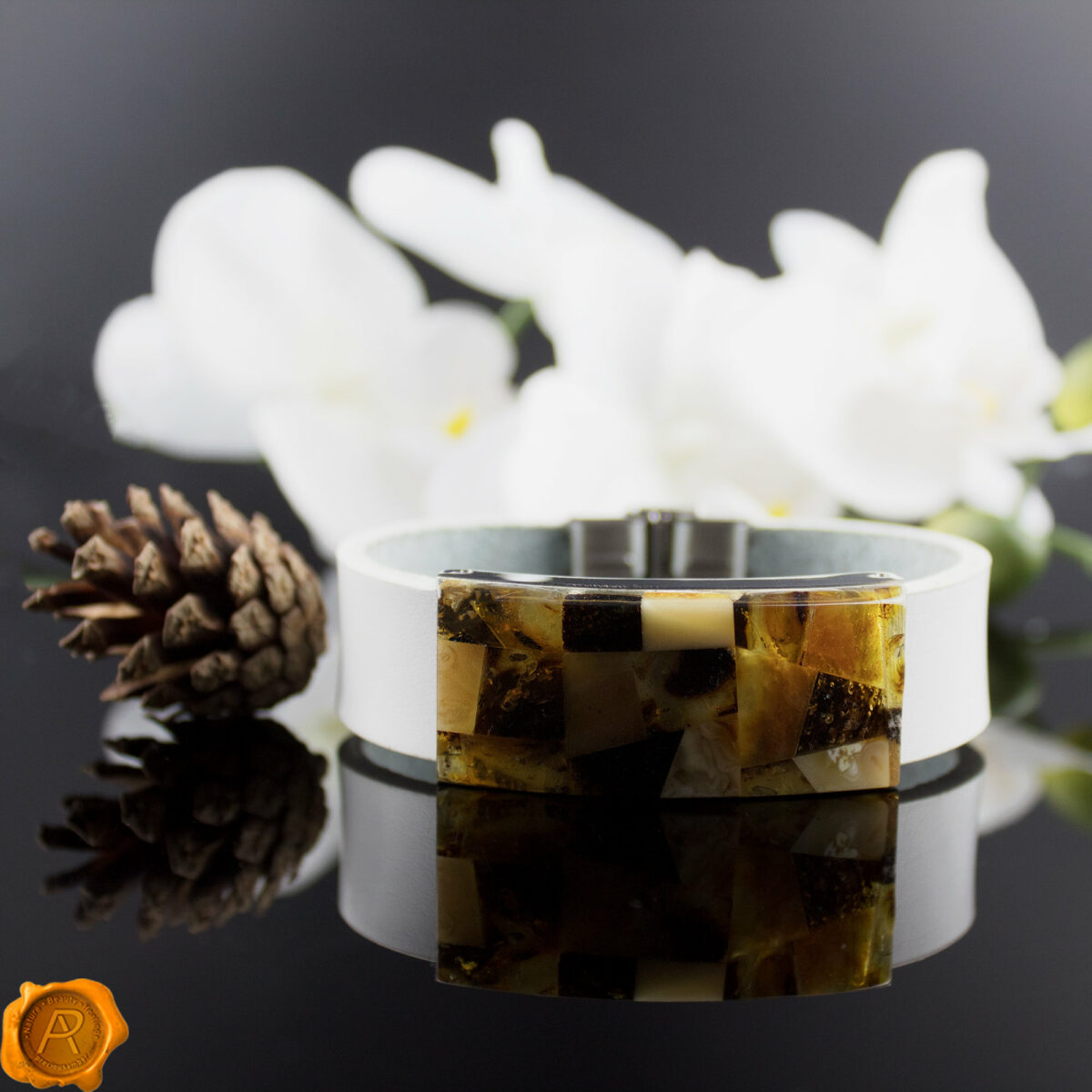 White Leather Amber Bracelet - Image 4