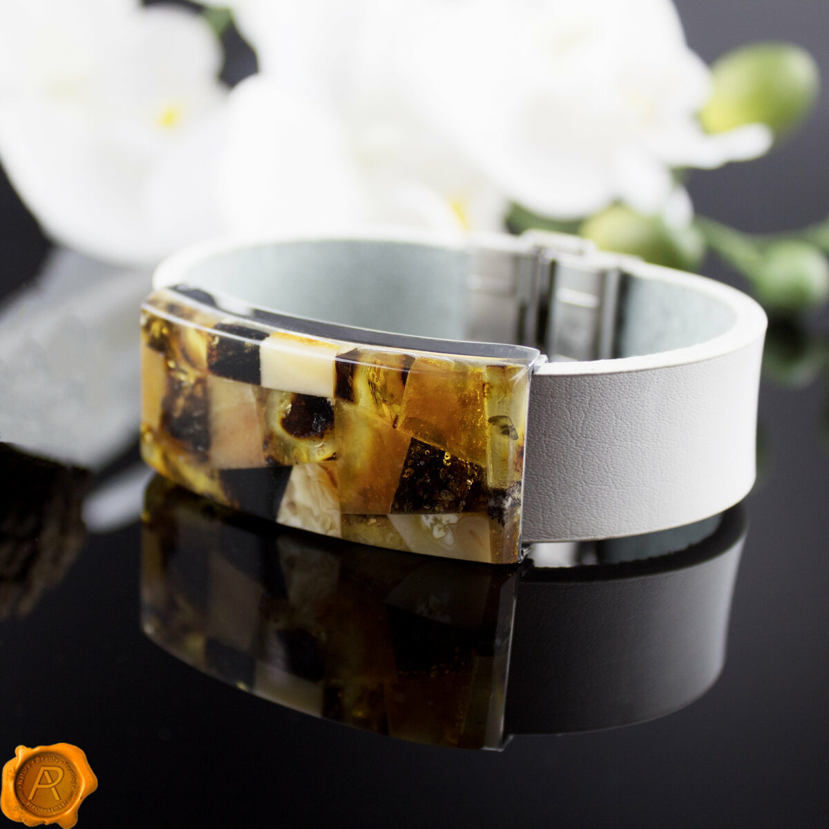 White Leather Amber Bracelet - Image 3