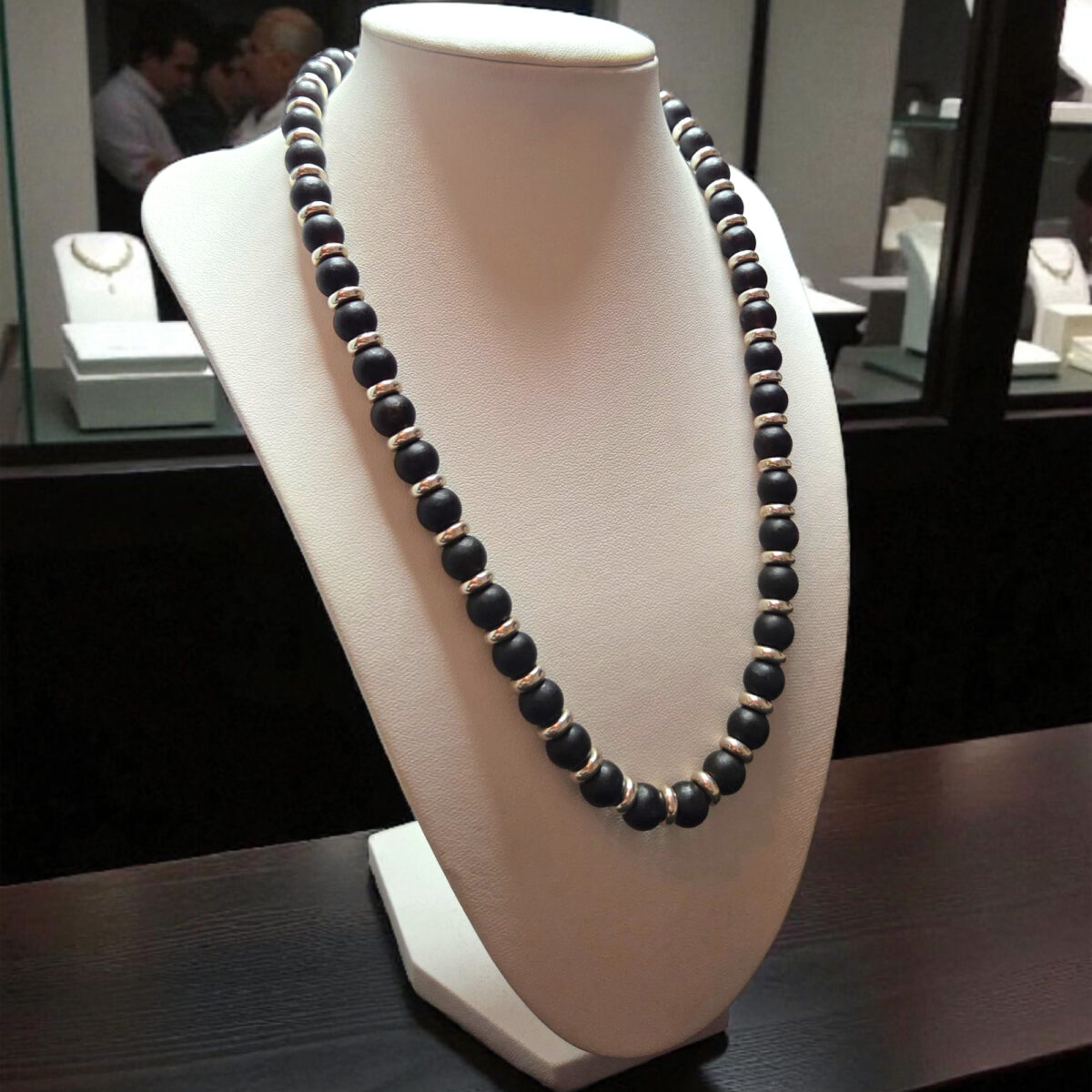 Large-Neck-Mens-Necklace-Unisex-Black-Baltic-Amber-Beads-Gemstone-Round-for-Men-Women-Gothic-Jewelry-Sterling-Silver Black Amber Silver Unisex Necklace - Image 2