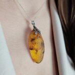 Luxury Large Carved Baltic Amber Teardrop Pendant Gift Women, Inclusion Natural Real Amber Jewelry Chunky Long Gemstone Silver Drop Necklace