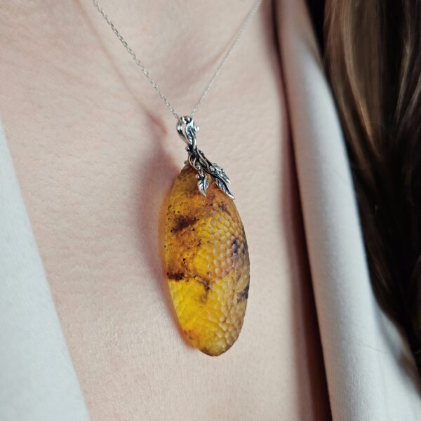 Luxury Large Carved Baltic Amber Teardrop Pendant Gift Women, Inclusion Natural Real Amber Jewelry Chunky Long Gemstone Silver Drop Necklace