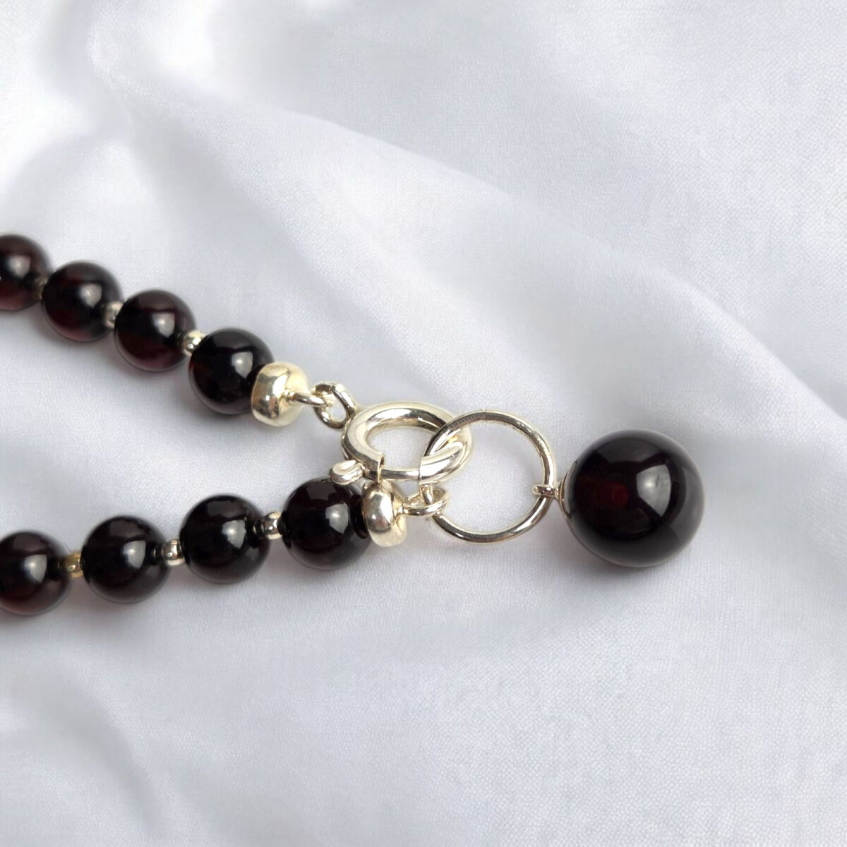 Minimalist-Black-Cherry-Baltic-Amber-Beads-Bracelet-Silver-Round-Gemstone-Small-Dainty-Charm-Stack-Bracelets-Women Cherry Baltic Amber Burgundy Charm Silver Pendant Necklace Dainty Small Round Red Black Gemstone Minimalist Jewelry Set Women