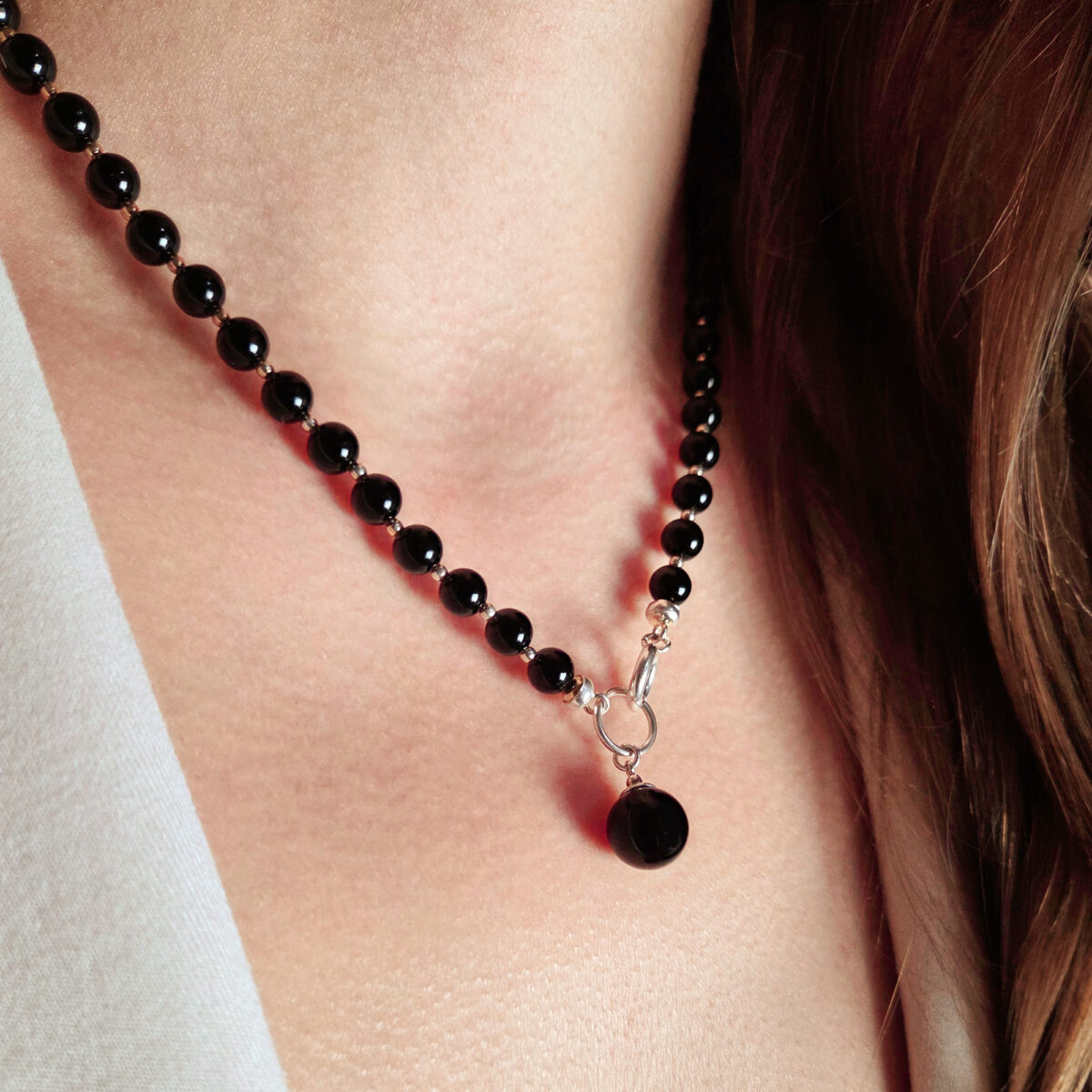 Minimalist-Necklace-Pendant-Cherry-Baltic-Amber-Beads-Gemstone-Silver-Black-Round-Drop-Red-Sphere-Small-Dainty-Beads-Women Cherry Baltic Amber Burgundy Charm Silver Pendant Necklace, Dainty Small Round Red Black Gemstone Minimalist Jewelry Set Women
