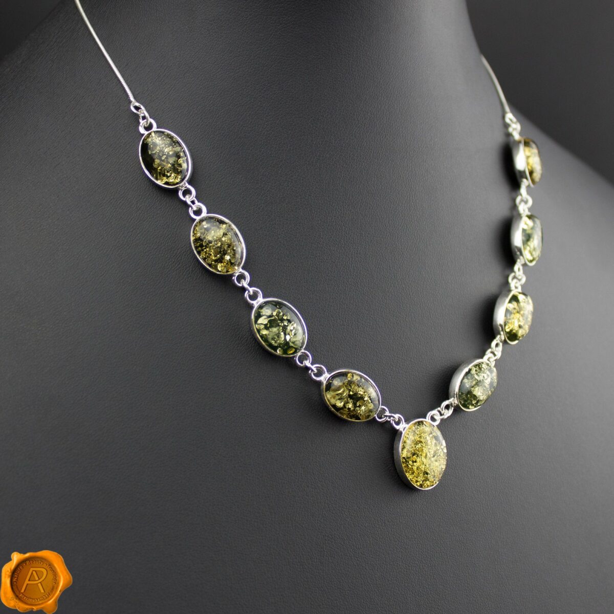 Green Amber Silver Necklace - Image 1