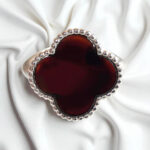 ADJUSTABLE Four Leaf Clover Celtic Large Cherry Baltic Amber Black Gemstone Silver Ring for Women Girls, Chunky Crystal Irish Luck Jewellery