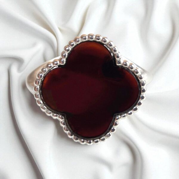ADJUSTABLE Four Leaf Clover Celtic Large Cherry Baltic Amber Black Gemstone Silver Ring for Women Girls, Chunky Crystal Irish Luck Jewellery