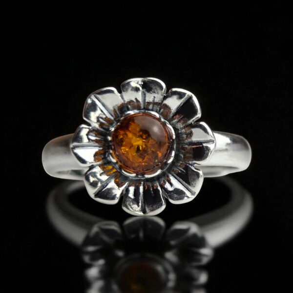 ADJUSTABLE Dainty Flower Honey Baltic Amber Gemstone Stone Silver Ring for Women Girls, Crystal Small Ring Minimalist Tiny Stack Rings