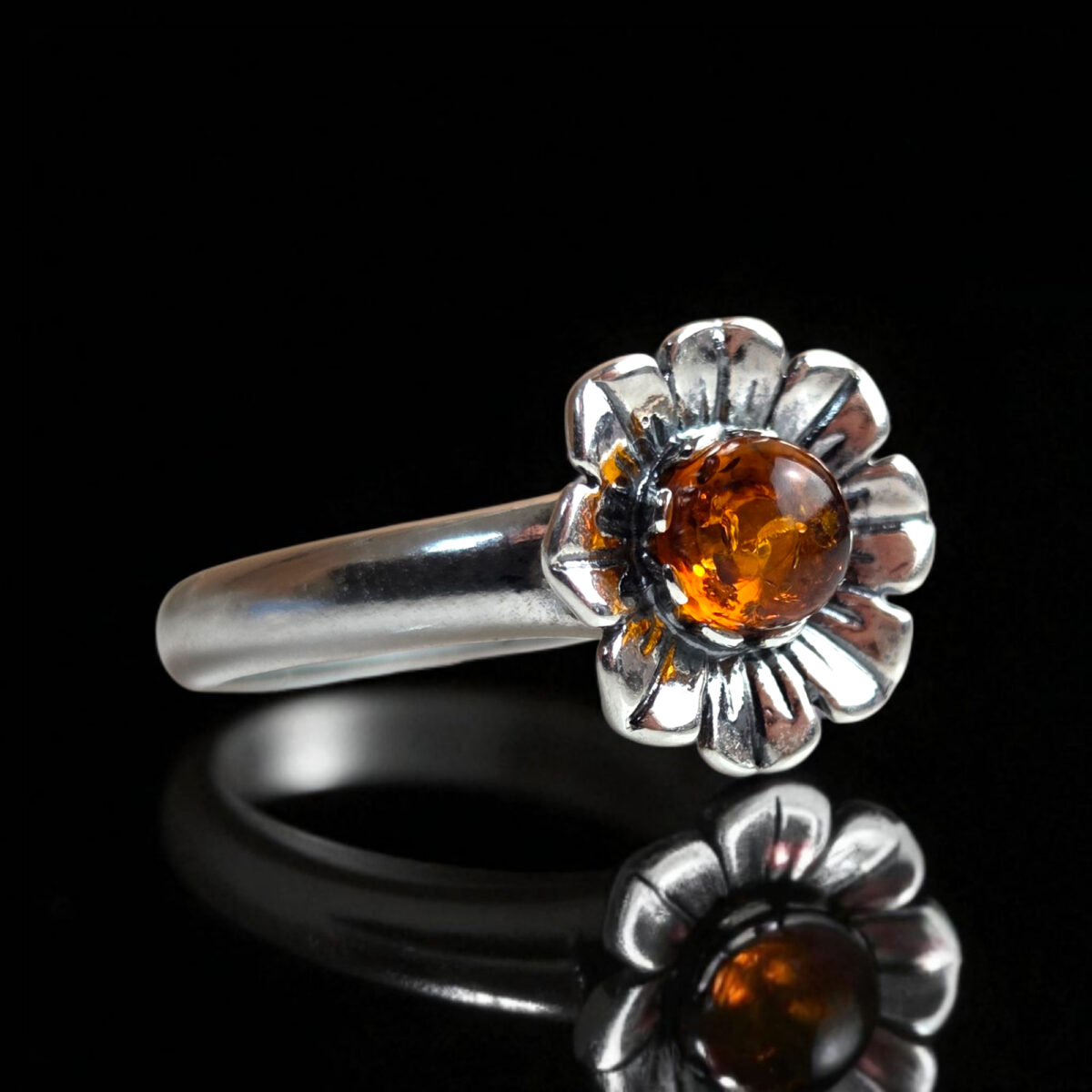 Adjustable Honey Amber Silver Flower Ring - Image 3