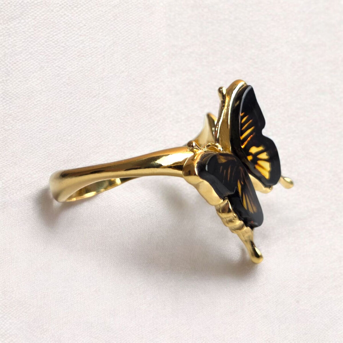 CARVED Butterfly Baltic Amber Ring Gold Silver Women Girls, Small Gemstone Dainty Butterfly Lover Art Gift Niece Moth Summer Jewellery