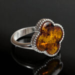 ADJUSTABLE Four Leaf Clover Celtic Large Honey Baltic Amber Gemstone Silver Ring for Women Girls, Chunky Crystal Irish Luck Jewellery Rings