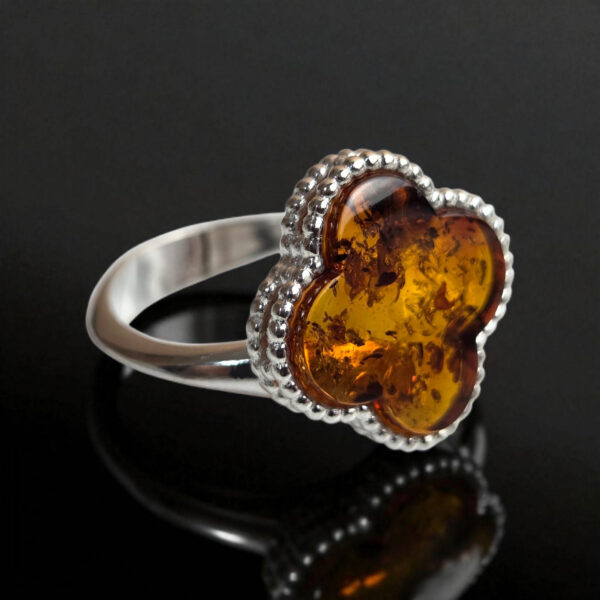 ADJUSTABLE Four Leaf Clover Celtic Large Honey Baltic Amber Gemstone Silver Ring for Women Girls, Chunky Crystal Irish Luck Jewellery Rings