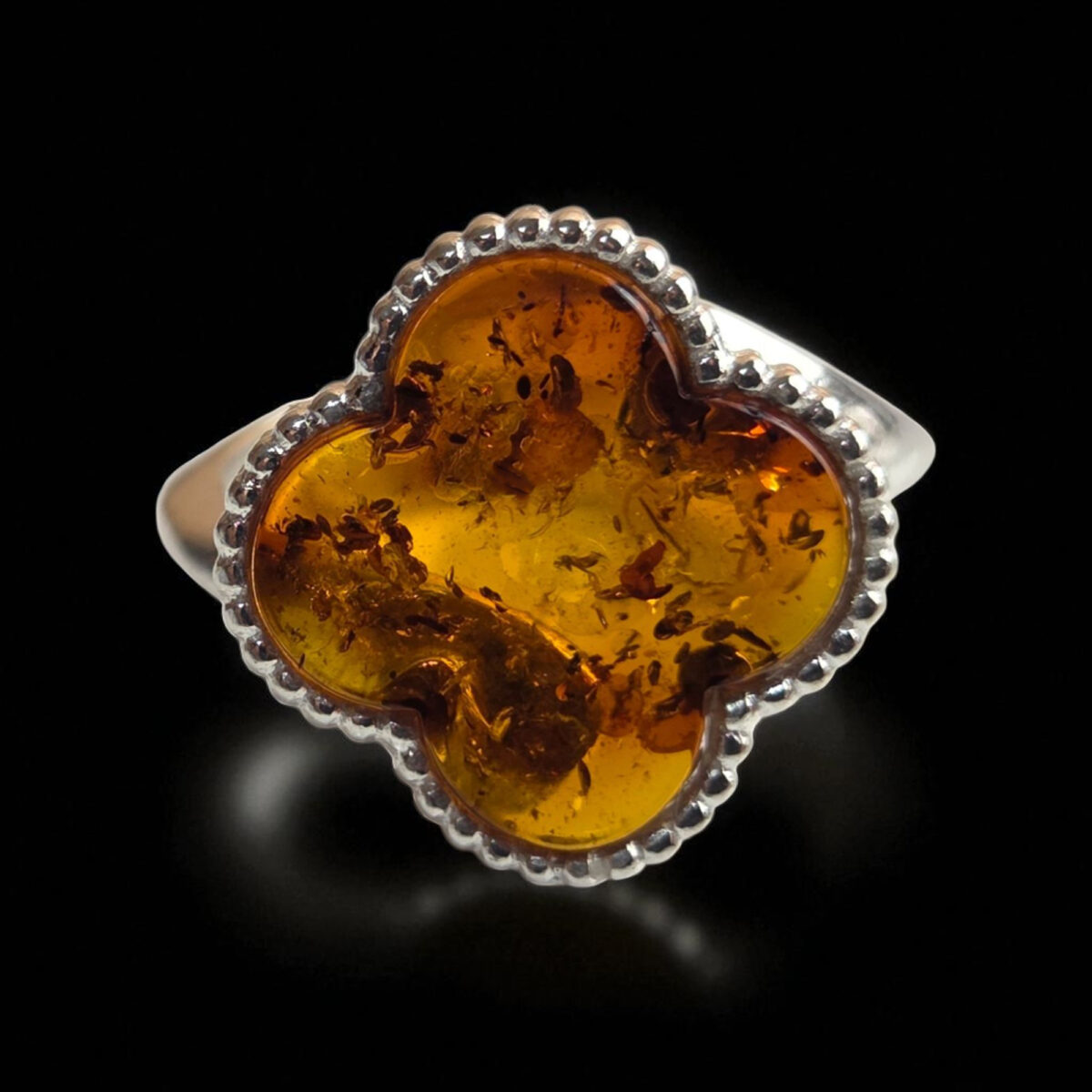 Adjustable Four Leaf Clover Honey Amber Ring - Image 3
