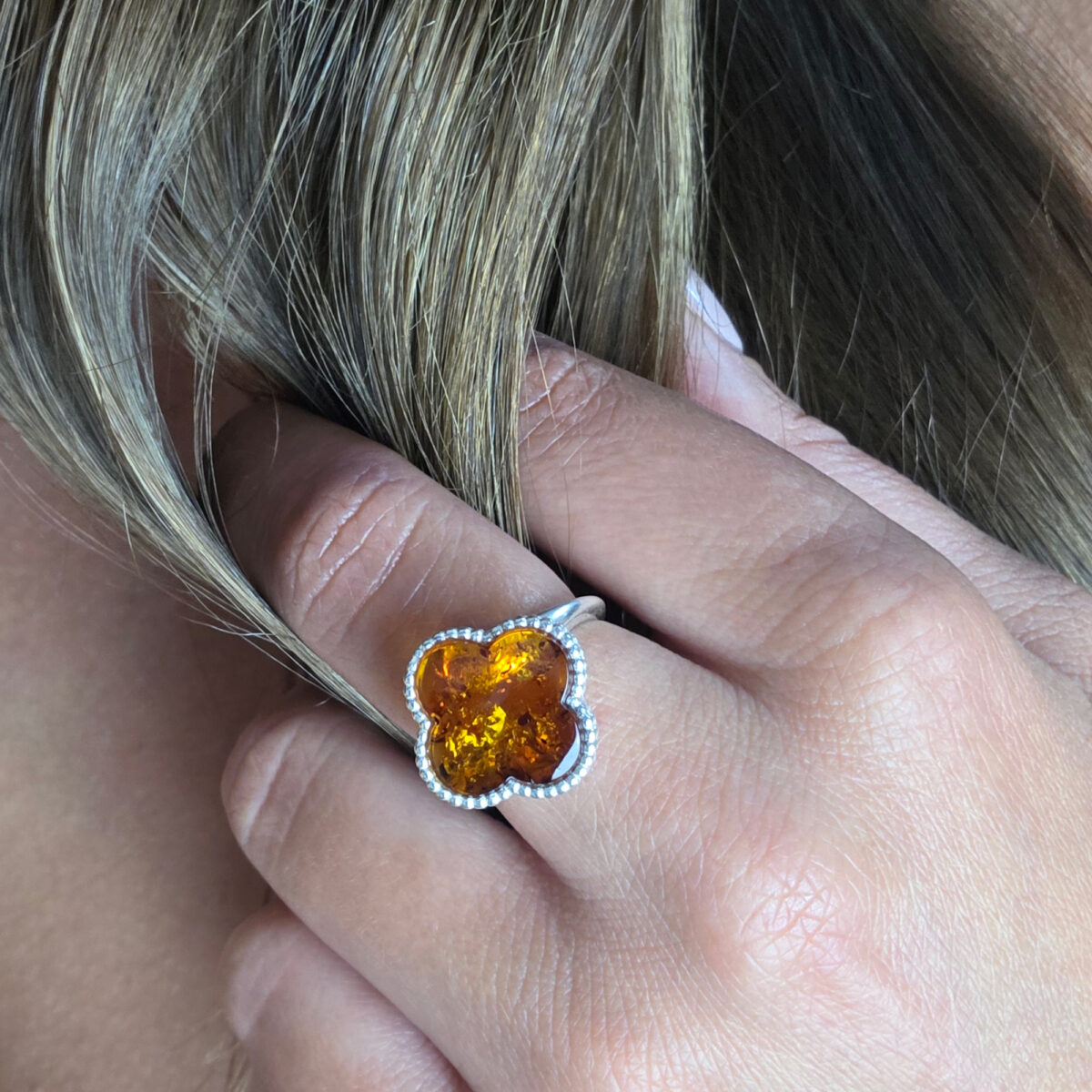 Adjustable Four Leaf Clover Honey Amber Ring - Image 2