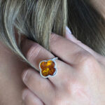 Adjustable Four Leaf Clover Honey Amber Ring - Image 2
