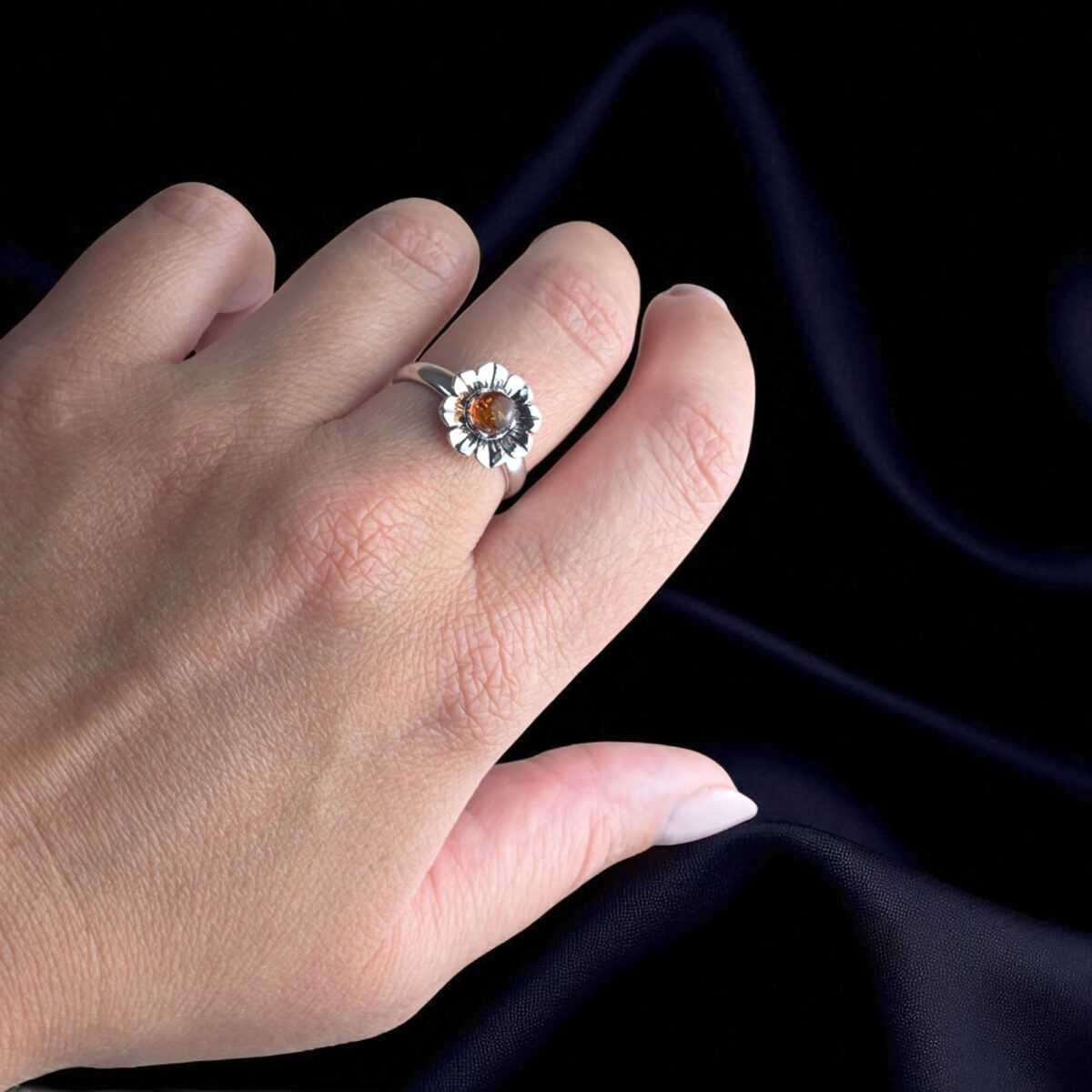 Adjustable Honey Amber Silver Flower Ring - Image 2
