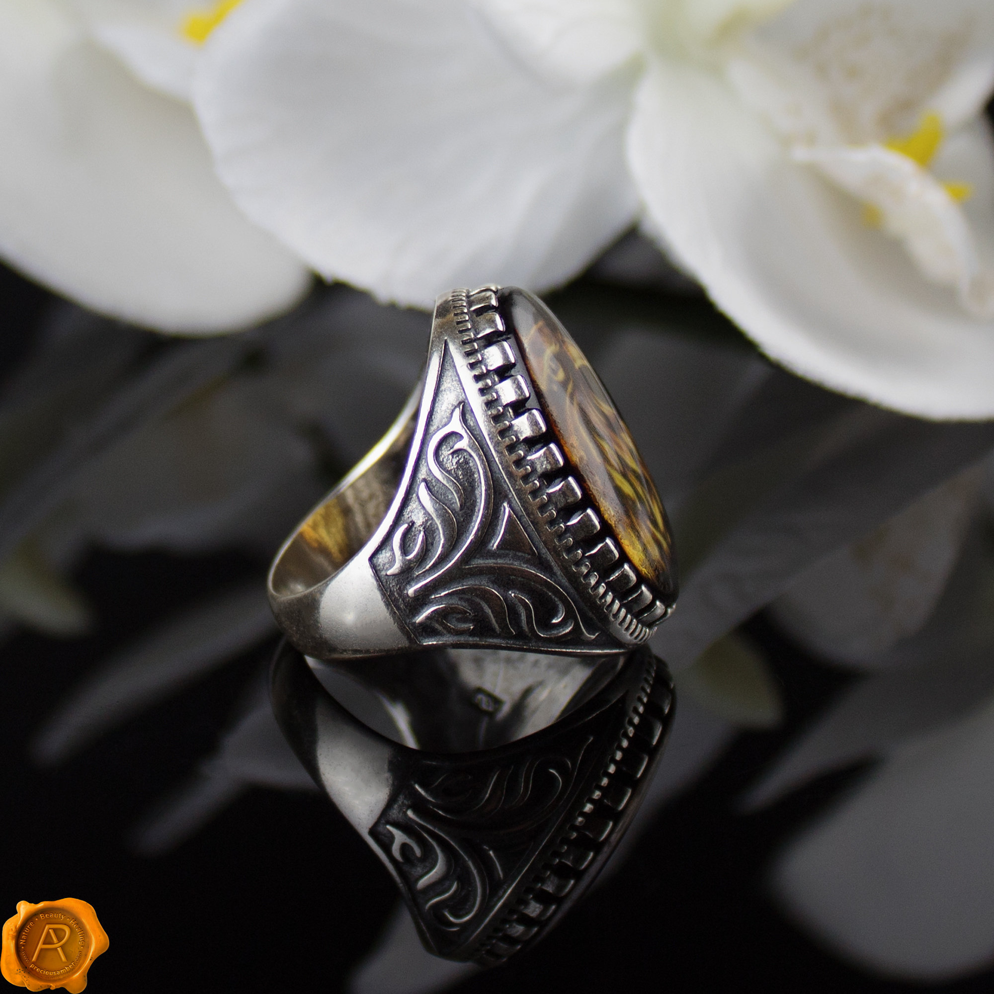 CUSTOM HAND-CARVED GUNS & ROSES RING DESIGN WITH ELK TOOTH