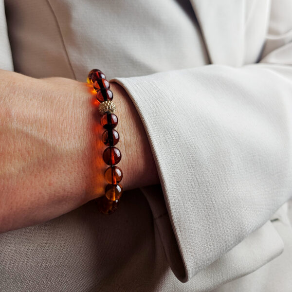 Small-Stack-Bracelets-Multicolour-Cherry-Cognac-Baltic-Amber-Round-Beads-Jewellery-Stretch-Adjustable-Bracelet-Dublin-Ireland-With-Gold-Womens