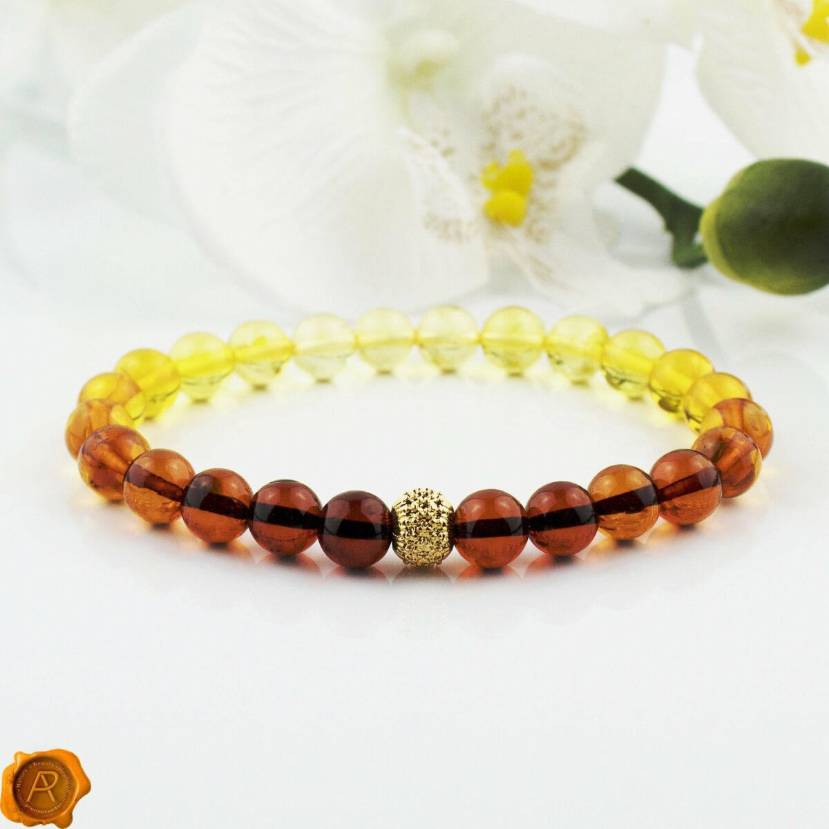 Quality Multicolour Baltic Amber Gold Bracelet | Elastic Amber Bracelet for Women | Cognac Lemon Cherry Amber Gemstone Stretchy Bracelet