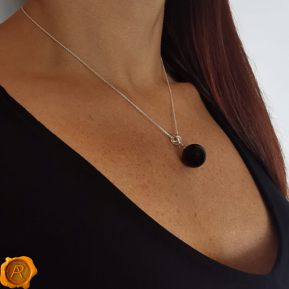Black-Cherry-Precious-Baltic-Amber-Bead-Gemstone-Sphere-925Silver-Pendant-Necklace Cherry Amber Sphere 14mm - Image 2
