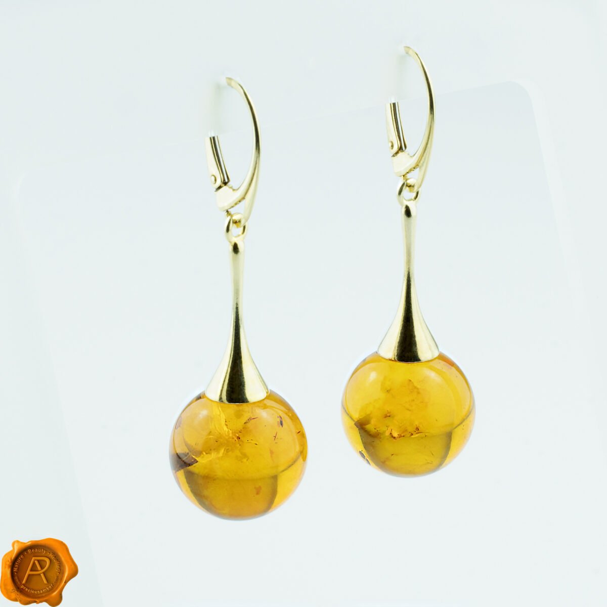 Round-Bead-Cognac-Baltic-Amber-Gold-Long-Dangle-Earrings-Lever-Back Amber Gold Sphere 16mm - Image 3
