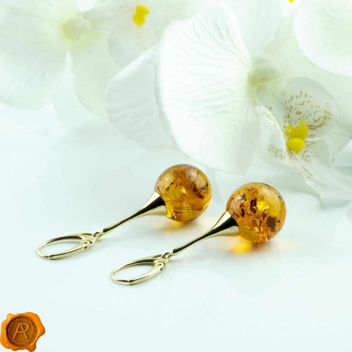 Round-Cognac-Baltic-Amber-Ball-Gemstone-Gold-Long-Dangle-Earrings-Lever-Back Amber Gold Sphere 16mm - Image 2
